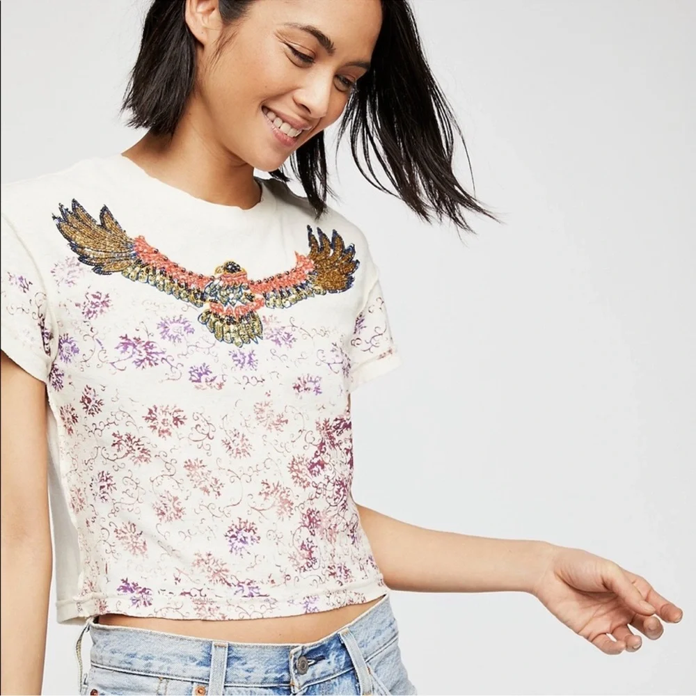 FREE PEOPLE sequin eagle crop tee sz Small - Picture 3 of 7